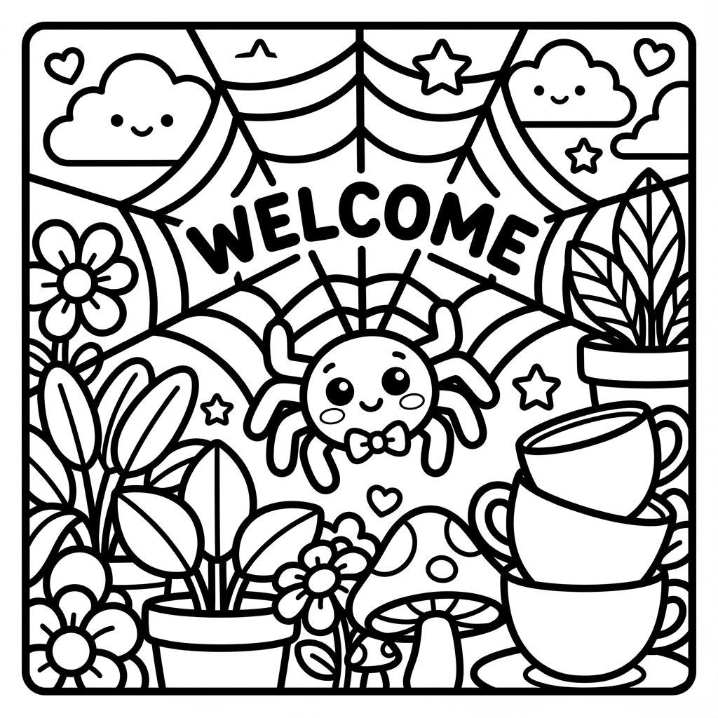 Cute spider with a bow tie on a web, perfect for thick line coloring pages and beginner coloring pages.